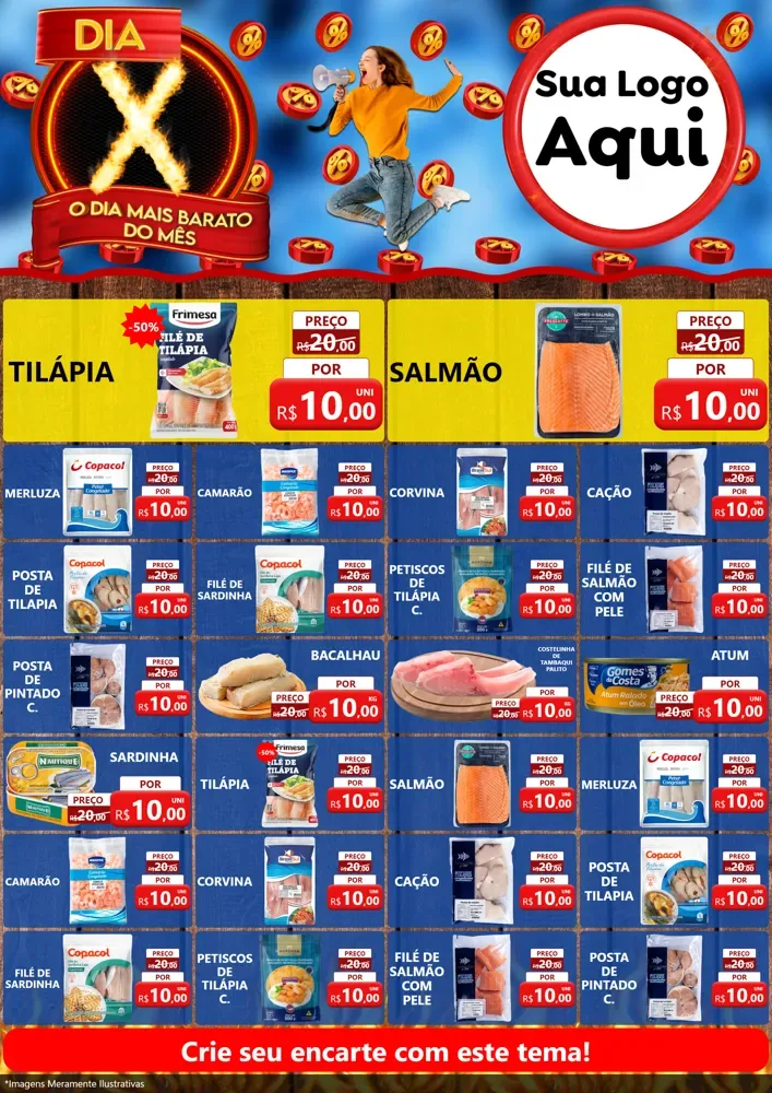 Modelo de Encarte para Encarte A4 Vertical com o tema Dia X - O Dia Mais Barato Do Mês para Peixaria