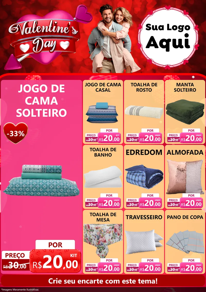 Modelo de Encarte para Encarte A4 Vertical com o tema Valentine's Day para Cama, Mesa e Banho