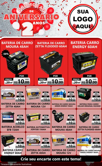 Modelo de Encarte para Encarte Grande com o tema Promoção de Aniversário - 2 Anos para Baterias Elétricas
