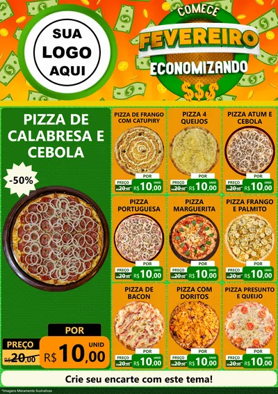 Modelo de Encarte para Encarte A4 Vertical com o tema Comece Fevereiro Economizando para Pizzaria