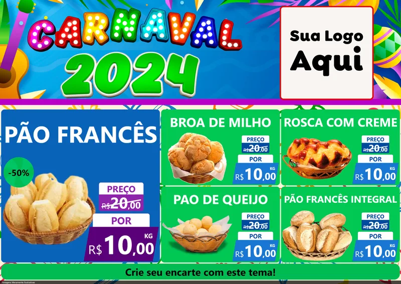 Modelo de Encarte para Encarte A4 Horizontal com o tema Carnaval 2027 para Padaria