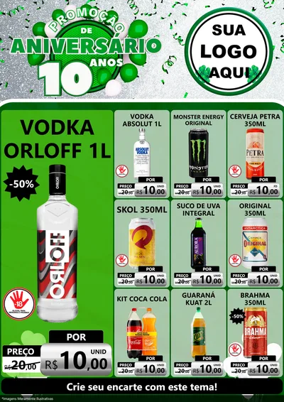 Modelo de Encarte para Encarte A4 Vertical com o tema Promoção de Aniversário - 10 Anos para Distribuidora de bebidas