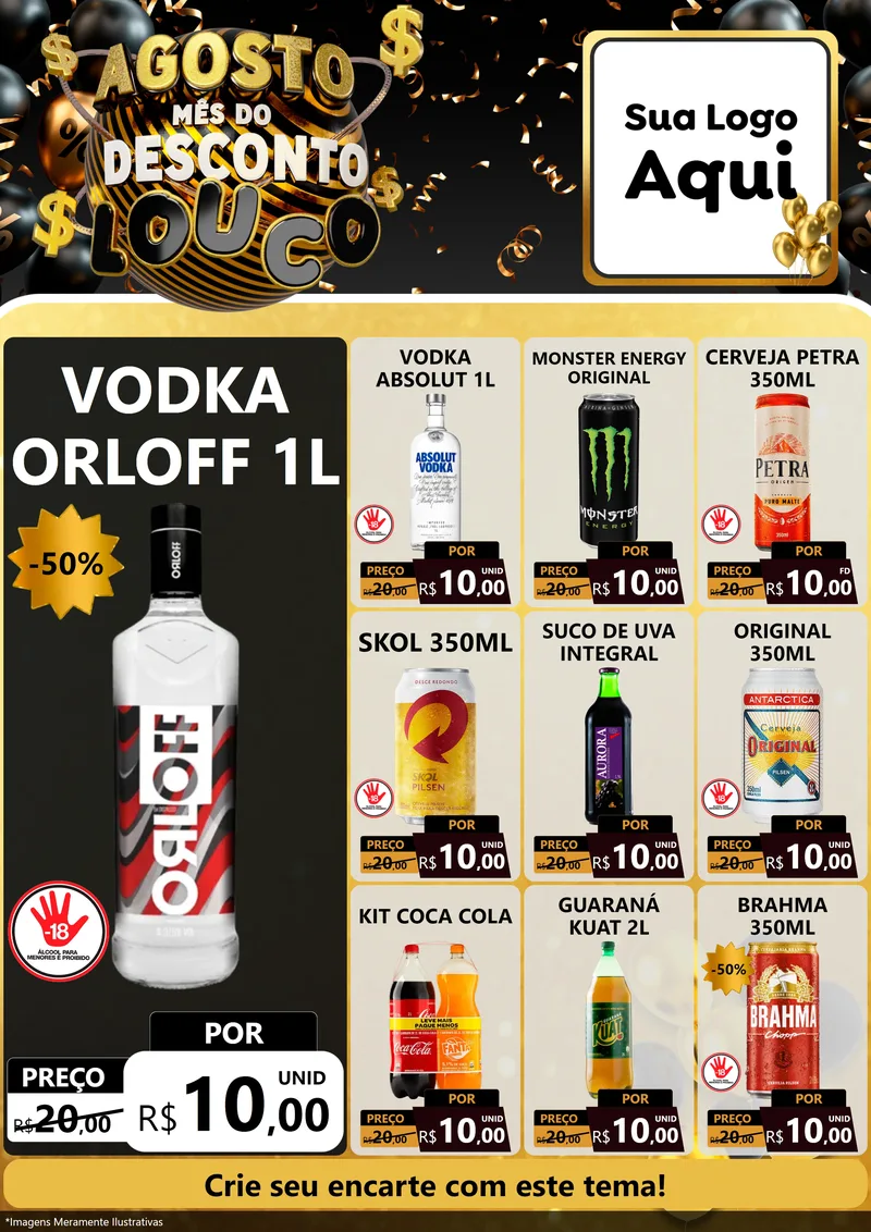 Modelo de Encarte para Encarte A4 Vertical com o tema Agosto Mês do Desconto Louco para Distribuidora de bebidas