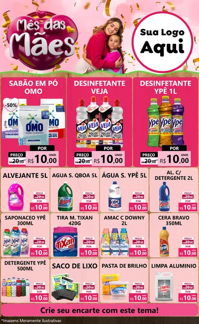 Modelo de Encarte para Encarte Grande com o tema Mês das Mães para Produtos de Limpeza