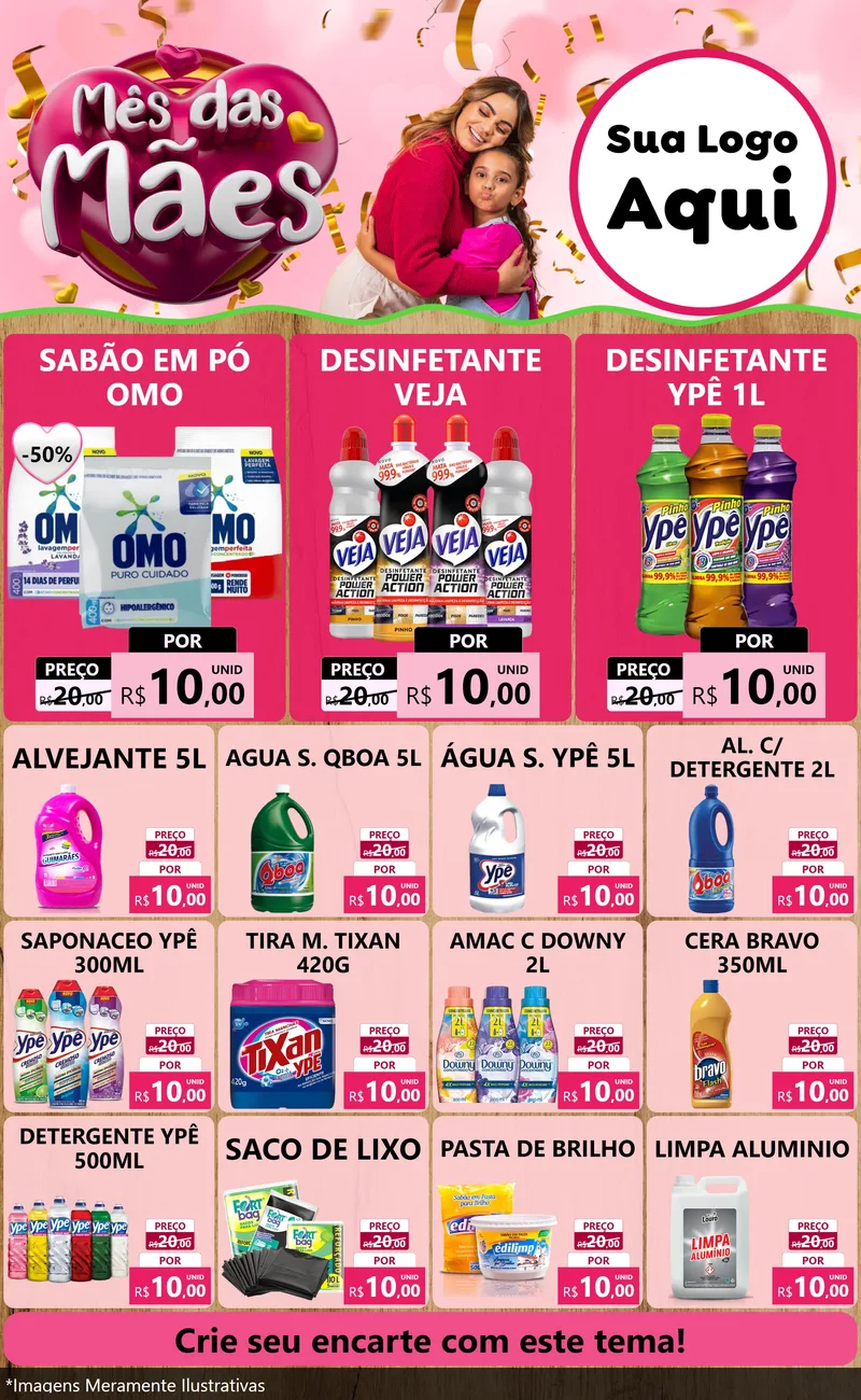 Modelo de Encarte para Encarte Grande com o tema Mês das Mães para Produtos de Limpeza