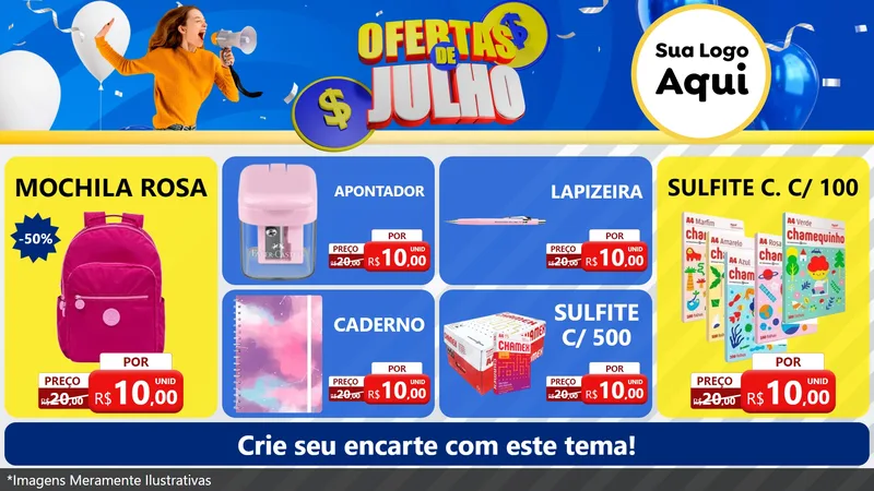 Modelo de TV para TV Horizontal com o tema Ofertas de Julho para Papelaria