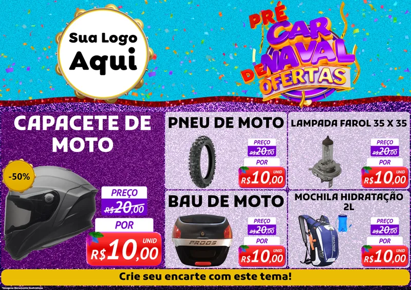 Modelo de Encarte para Encarte A4 Horizontal com o tema Pré Carnaval de Ofertas para Moto peças