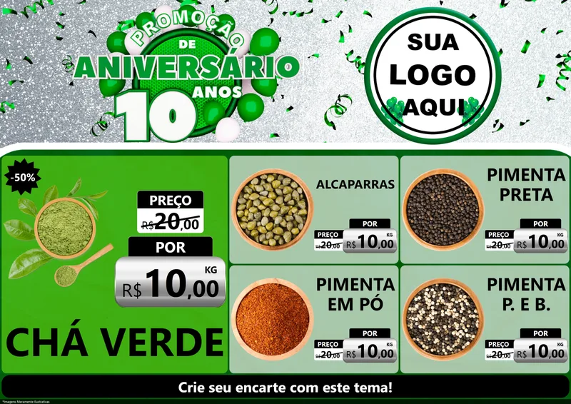 Modelo de Encarte para Encarte A4 Horizontal com o tema Promoção de Aniversário - 10 Anos para Produtos Naturais