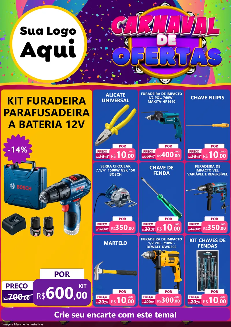 Modelo de Encarte para Encarte A4 Vertical com o tema Carnaval de Ofertas para Maquinas e Ferramentas