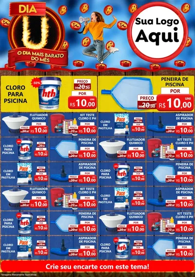 Modelo de Encarte para Encarte A4 Vertical com o tema Dia U - O Dia Mais Barato Do Mês para Produtos para Piscina