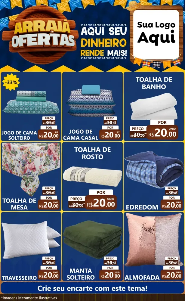 Modelo de Encarte para Encarte Grande com o tema Arraiá de Ofertas - Junina para Cama, Mesa e Banho