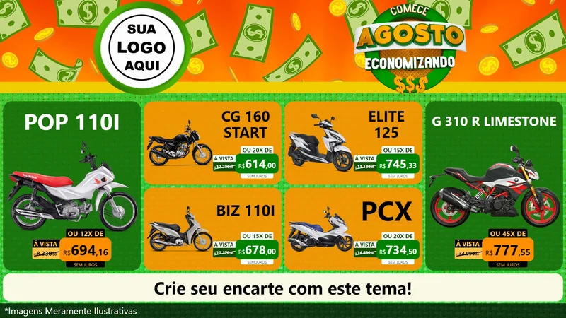 Modelo de TV para TV Horizontal com o tema Comece Agosto Economizando para Concessionaria de Motos