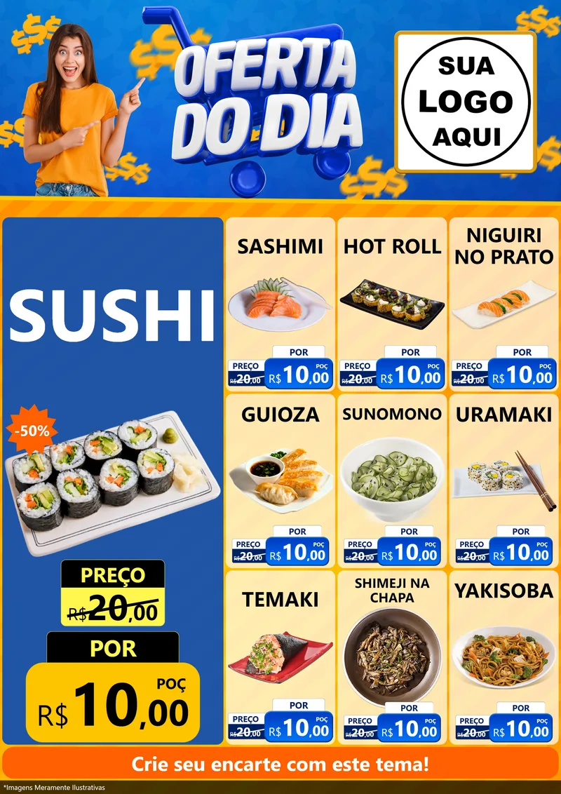 Modelo de Encarte para Encarte A4 Vertical com o tema Oferta do Dia para Comida japonesa