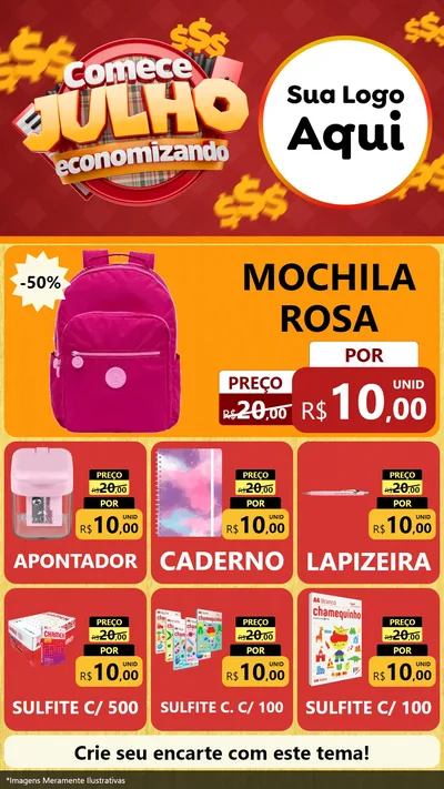 Modelo de Rede Social para Stories com o tema Comece Julho Economizando para Papelaria