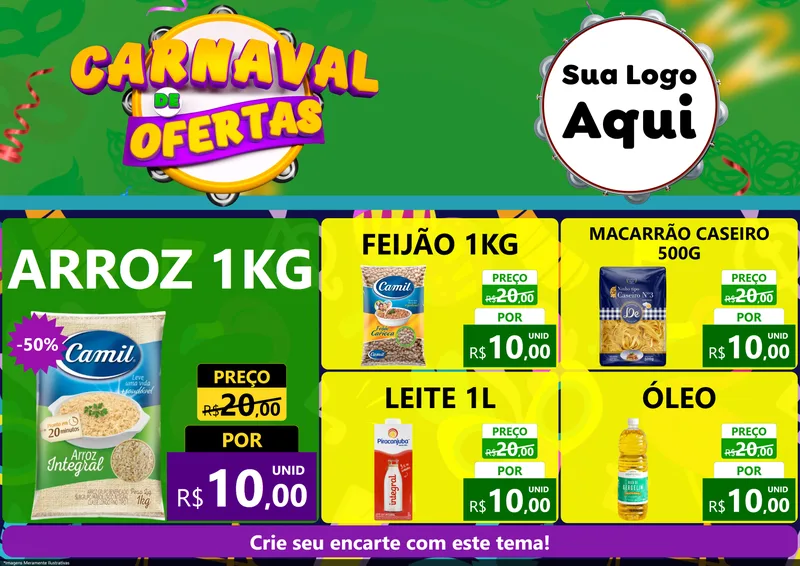 Modelo de Encarte para Encarte A4 Horizontal com o tema Carnaval de Ofertas para Supermercado