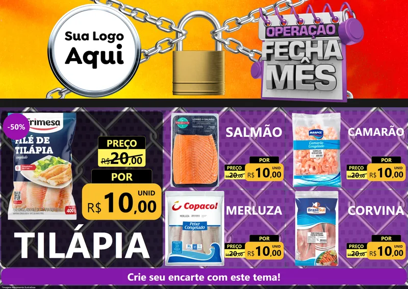 Modelo de Encarte para Encarte A4 Horizontal com o tema Operação Fecha Mês para Peixaria
