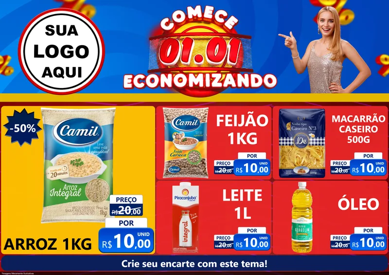 Modelo de Encarte para Encarte A4 Horizontal com o tema Comece 1º de Janeiro Economizando para Supermercado
