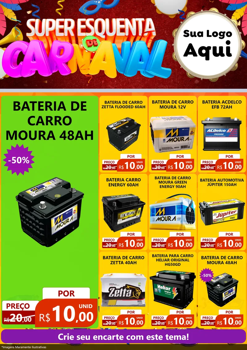 Modelo de Encarte para Encarte A4 Vertical com o tema Super Esquenta de Carnaval para Baterias Elétricas