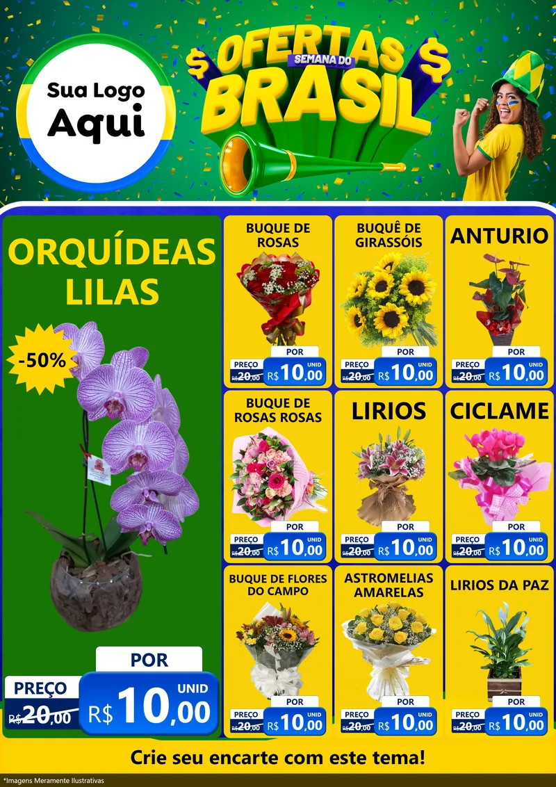 Modelo de Encarte para Encarte A4 Vertical com o tema Ofertas Semana do Brasil para Floricultura e jardim