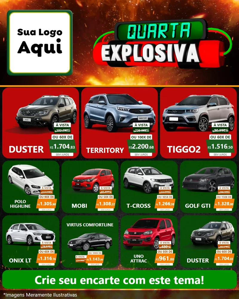 Modelo de Rede Social para Feed Instagram com o tema Quarta Explosiva para Concessionaria de Carros