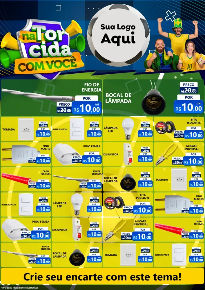 Modelo de Encarte para Encarte A4 Vertical com o tema Na Torcida Com Você - Copa para Materiais Elétricos