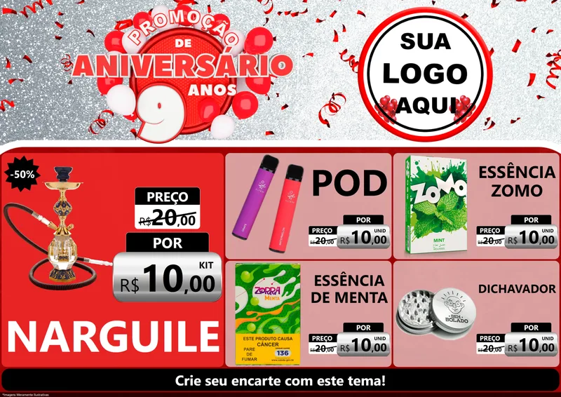 Modelo de Encarte para Encarte A4 Horizontal com o tema Promoção de Aniversário - 9 Anos para Tabacaria