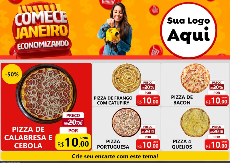 Modelo de Encarte para Encarte A4 Horizontal com o tema Comece Janeiro Economizando para Pizzaria