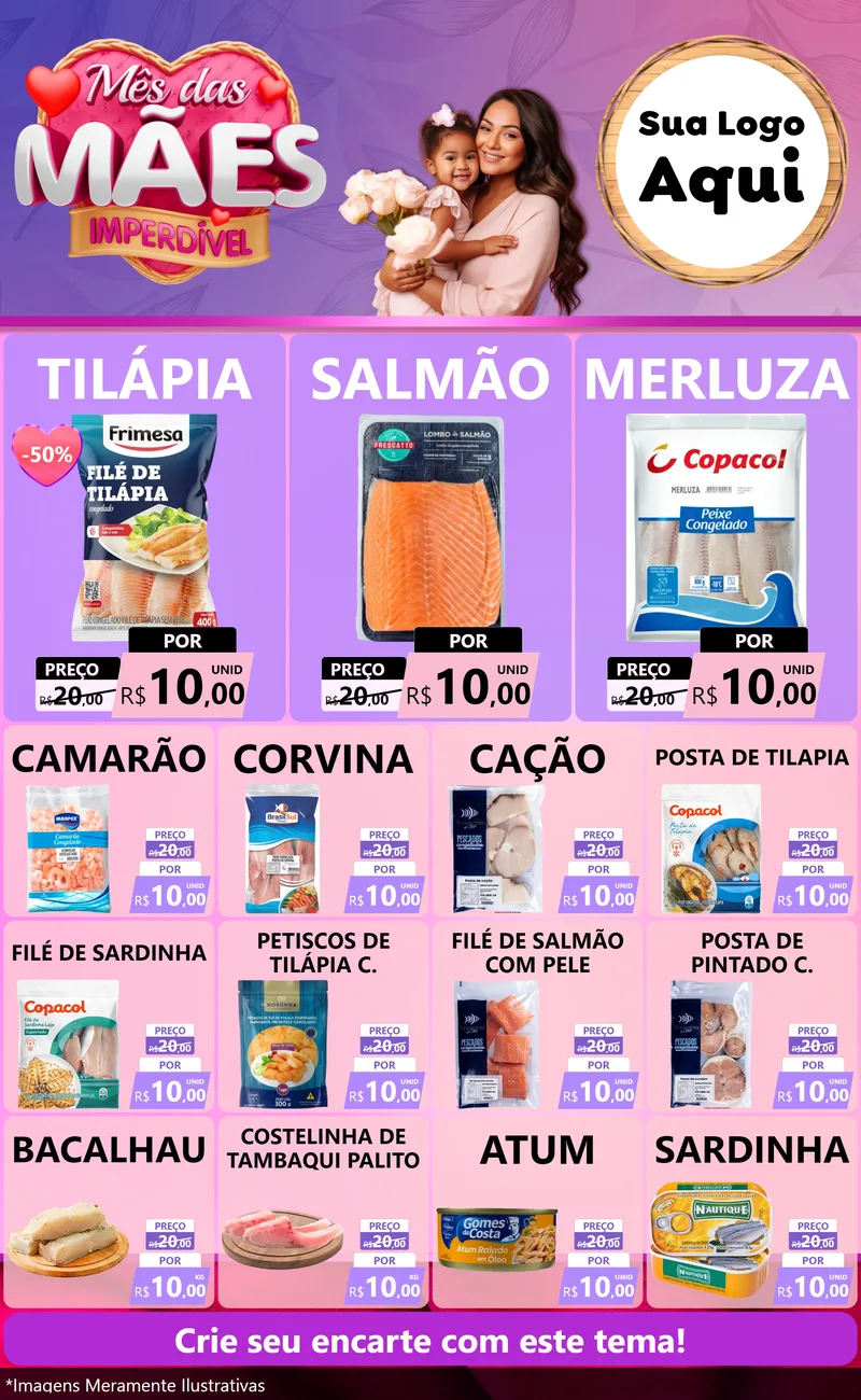 Modelo de Encarte para Encarte Grande com o tema Mês das Mães Imperdível para Peixaria