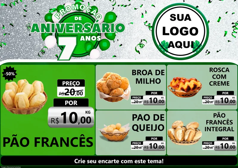 Modelo de Encarte para Encarte A4 Horizontal com o tema Promoção de Aniversário - 7 Anos para Padaria