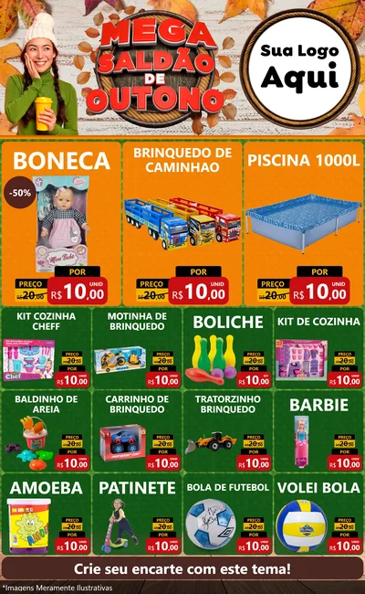 Modelo de Encarte para Encarte Grande com o tema Mega Saldão de Outono para Brinquedos