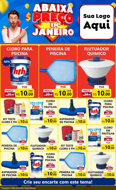 Modelo de Encarte para Encarte Grande com o tema Abaixa Preço em Janeiro para Produtos para Piscina