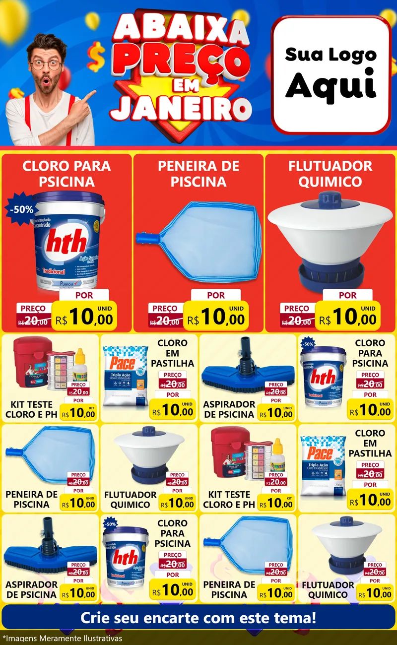 Modelo de Encarte para Encarte Grande com o tema Abaixa Preço em Janeiro para Produtos para Piscina