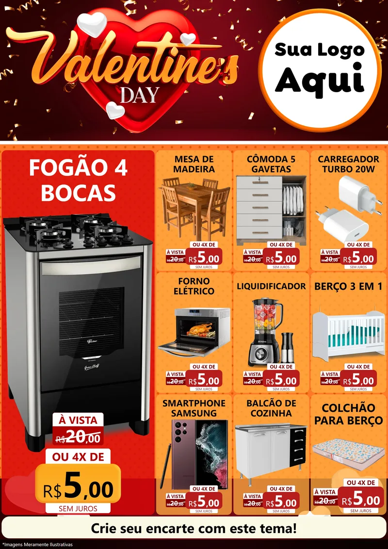 Modelo de Encarte para Encarte A4 Vertical com o tema Valentine's Day para Móveis e Eletro