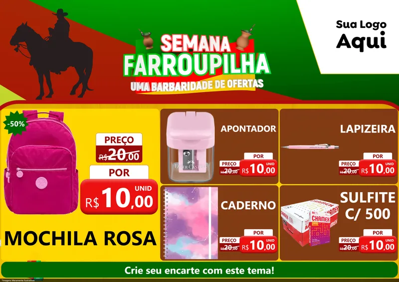 Modelo de Encarte para Encarte A4 Horizontal com o tema Semana Farroupilha - Uma Barbaridade de Ofertas para Papelaria