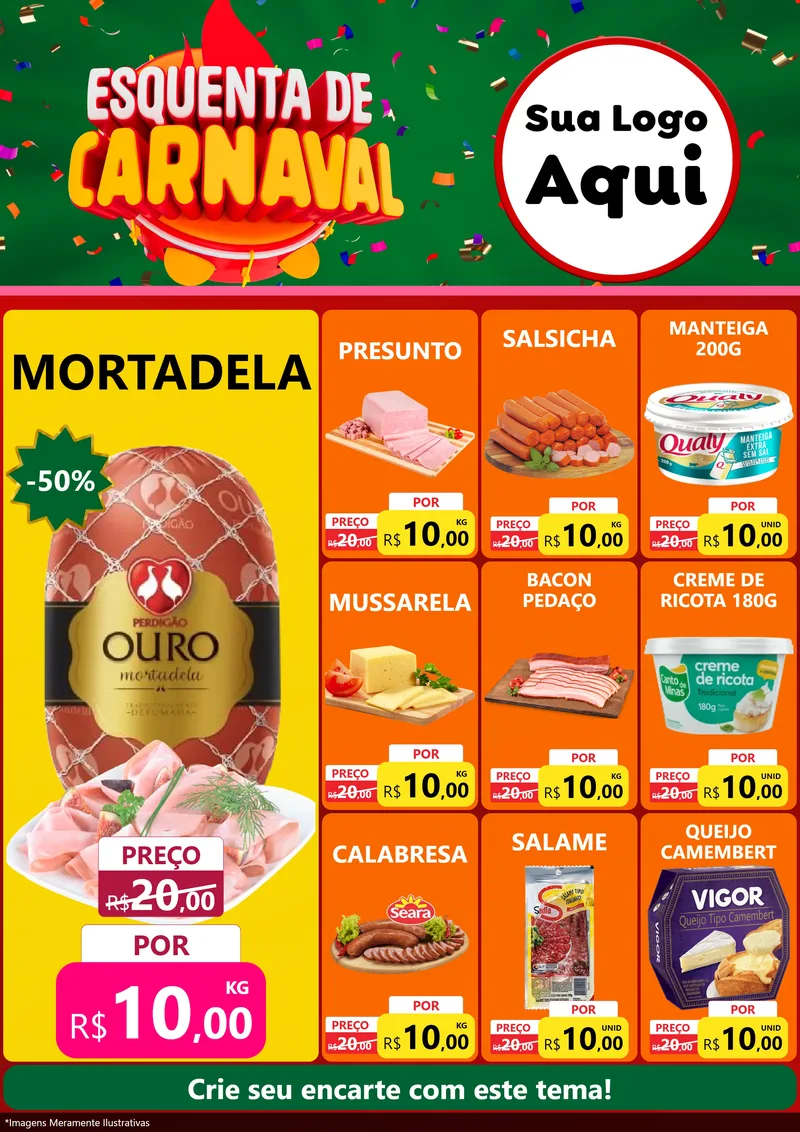 Modelo de Encarte para Encarte A4 Vertical com o tema Esquenta de Carnaval para Frios e Laticínios