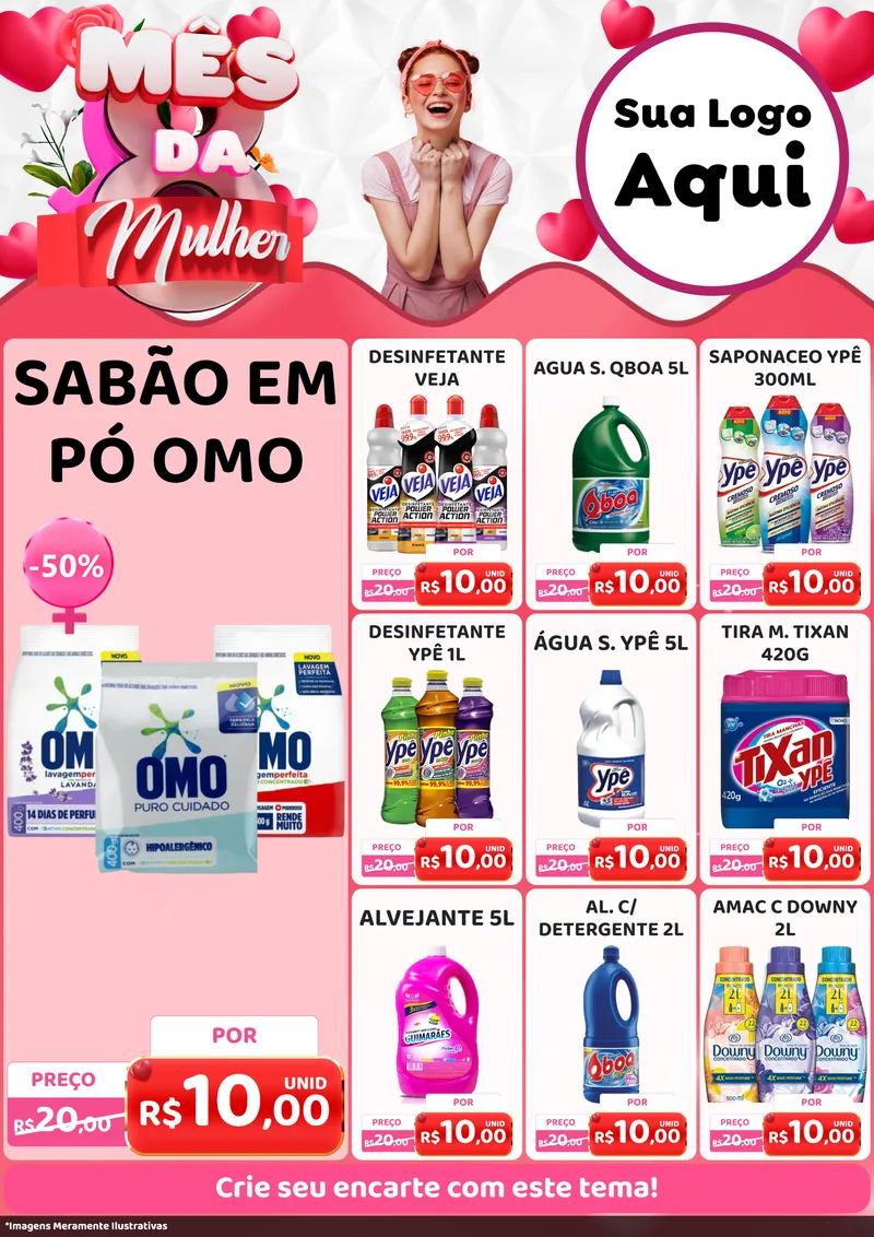 Modelo de Encarte para Encarte A4 Vertical com o tema Mês da Mulher para Produtos de Limpeza