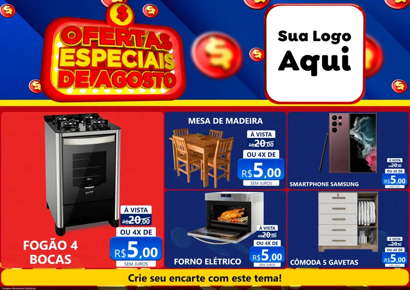 Modelo de Encarte para Encarte A4 Horizontal com o tema Ofertas Especiais de Agosto para Móveis e Eletro