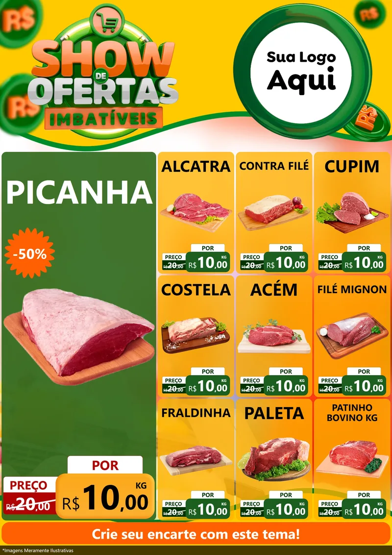Modelo de Encarte para Encarte A4 Vertical com o tema Show de Ofertas Imbatíveis para Açougue