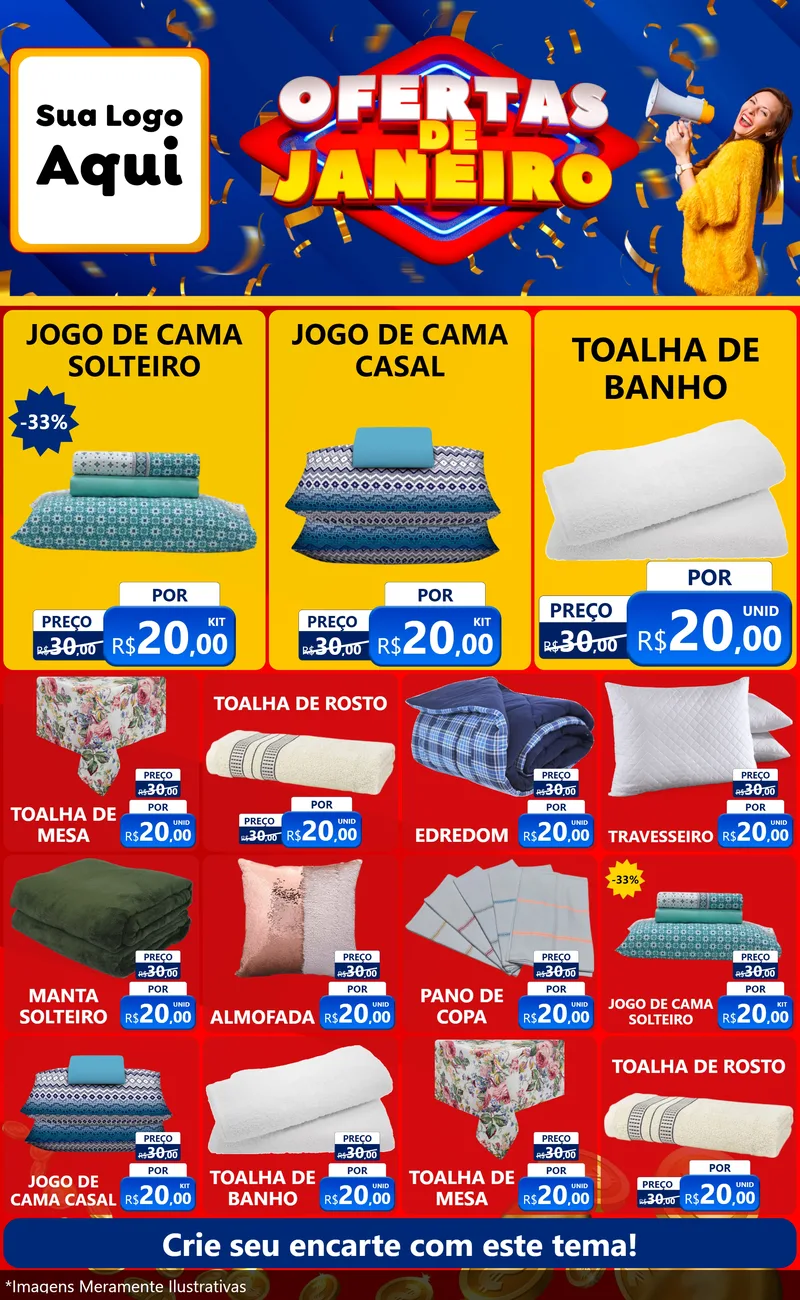 Modelo de Encarte para Encarte Grande com o tema Ofertas de Janeiro para Cama, Mesa e Banho