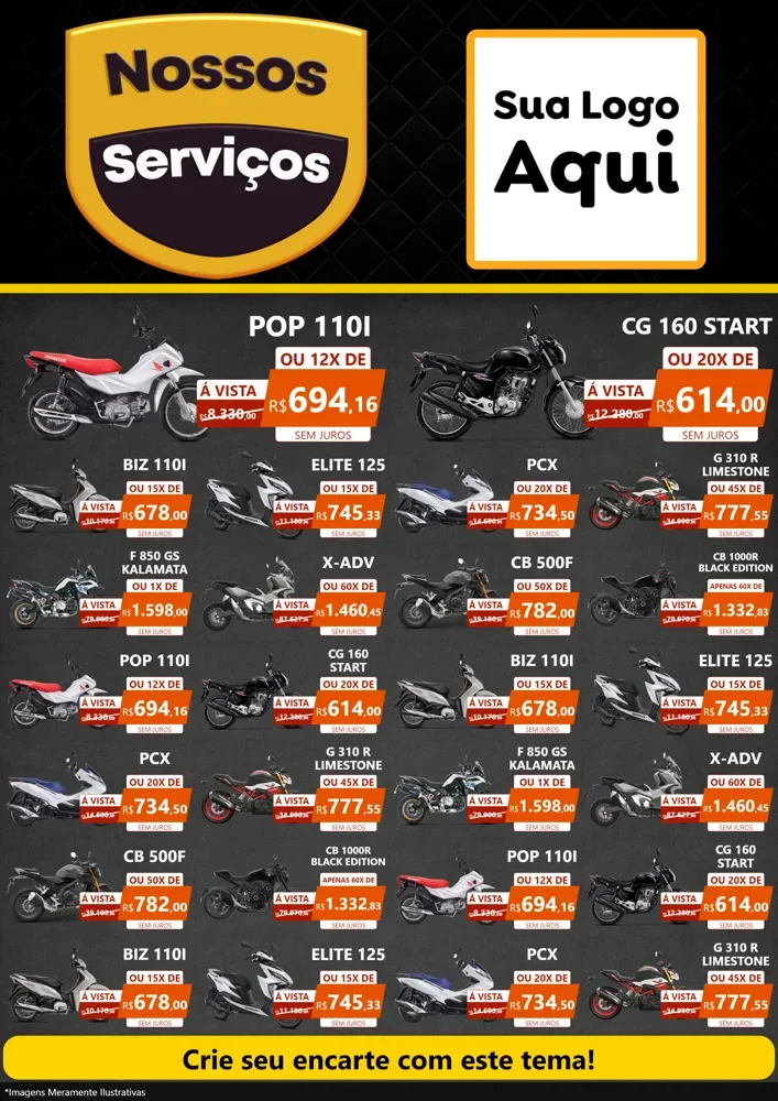 Modelo de Encarte para Encarte A4 Vertical com o tema Nossos Serviços para Concessionaria de Motos