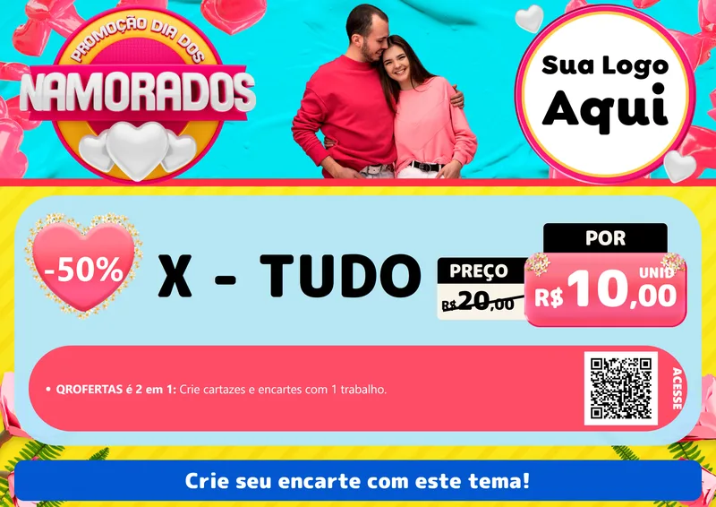 Modelo de Cartaz para Cartaz A4 Horizontal com o tema Promoção Dia dos Namorados para Hamburgueria