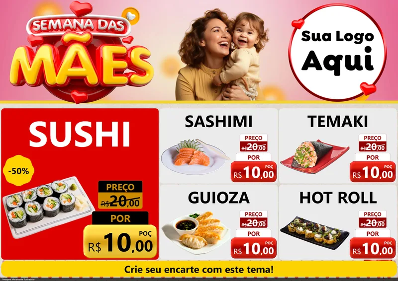 Modelo de Encarte para Encarte A4 Horizontal com o tema Semana das Mães para Comida japonesa