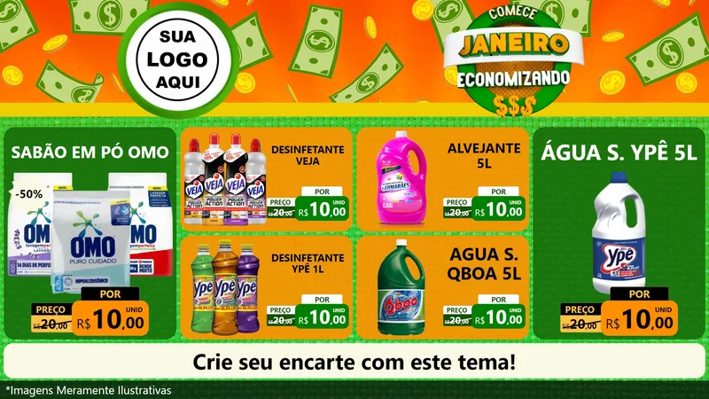Modelo de TV para TV Horizontal com o tema Comece Janeiro Economizando para Produtos de Limpeza