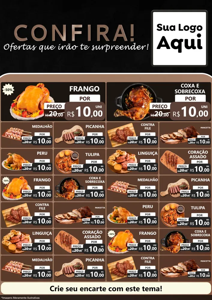Modelo de Encarte para Encarte A4 Vertical com o tema Confira! Ofertas que irão te surpreender! para Assados