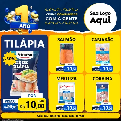 Modelo de Rede Social para Feed Facebook com o tema Um Ano de Aniversário para Peixaria