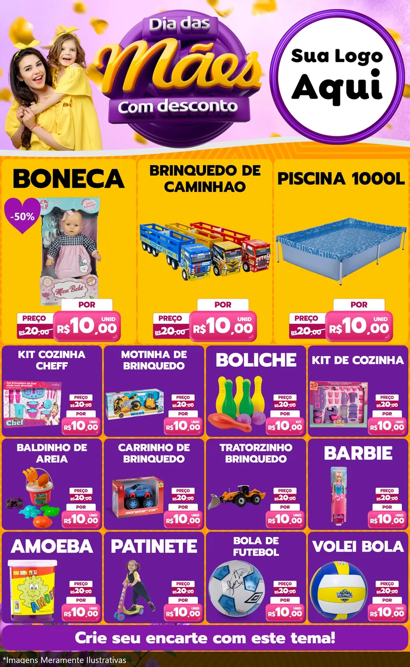 Modelo de Encarte para Encarte Grande com o tema Dia das Mães com Desconto para Brinquedos