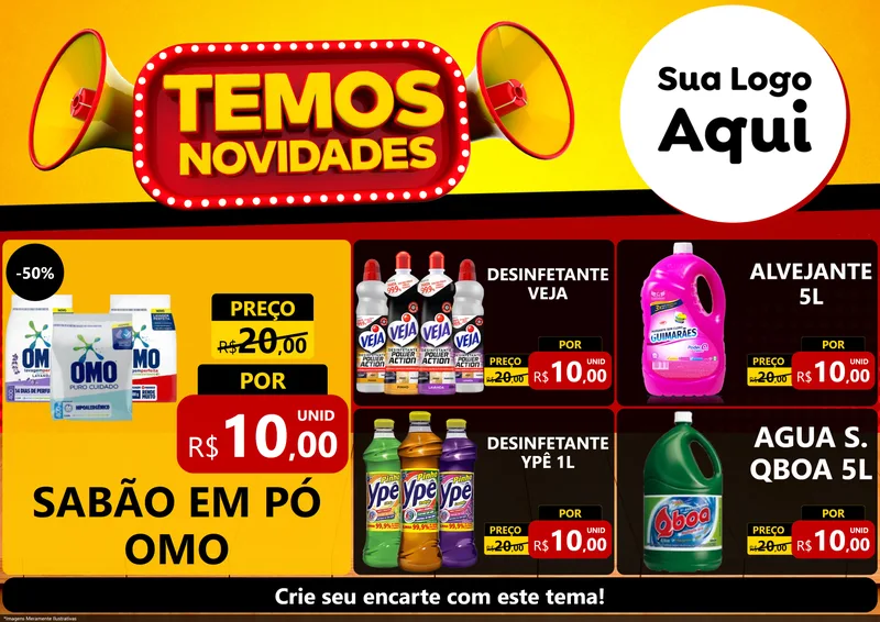 Modelo de Encarte para Encarte A4 Horizontal com o tema Temos Novidades para Produtos de Limpeza