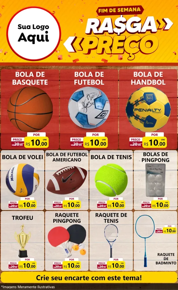 Modelo de Encarte para Encarte Grande com o tema Fim de Semana Rasga Preços para Artigos Esportivos