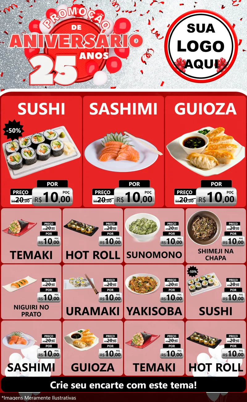 Modelo de Encarte para Encarte Grande com o tema Promoção de Aniversário - 25Anos para Comida japonesa