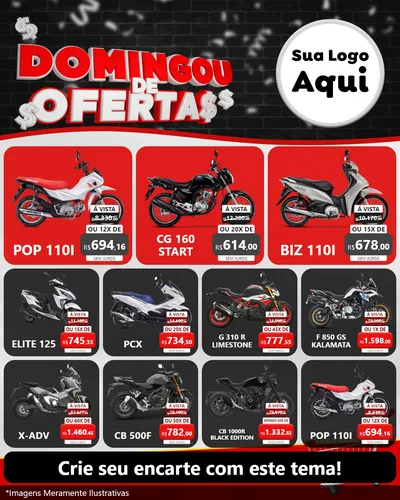 Modelo de Rede Social para Feed Instagram com o tema Domingou de Ofertas para Concessionaria de Motos